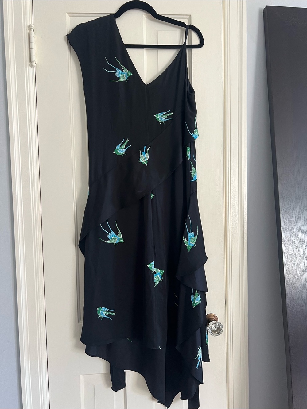 Diane Von Furstenberg Black Midi Dress with Teal Bird Motif